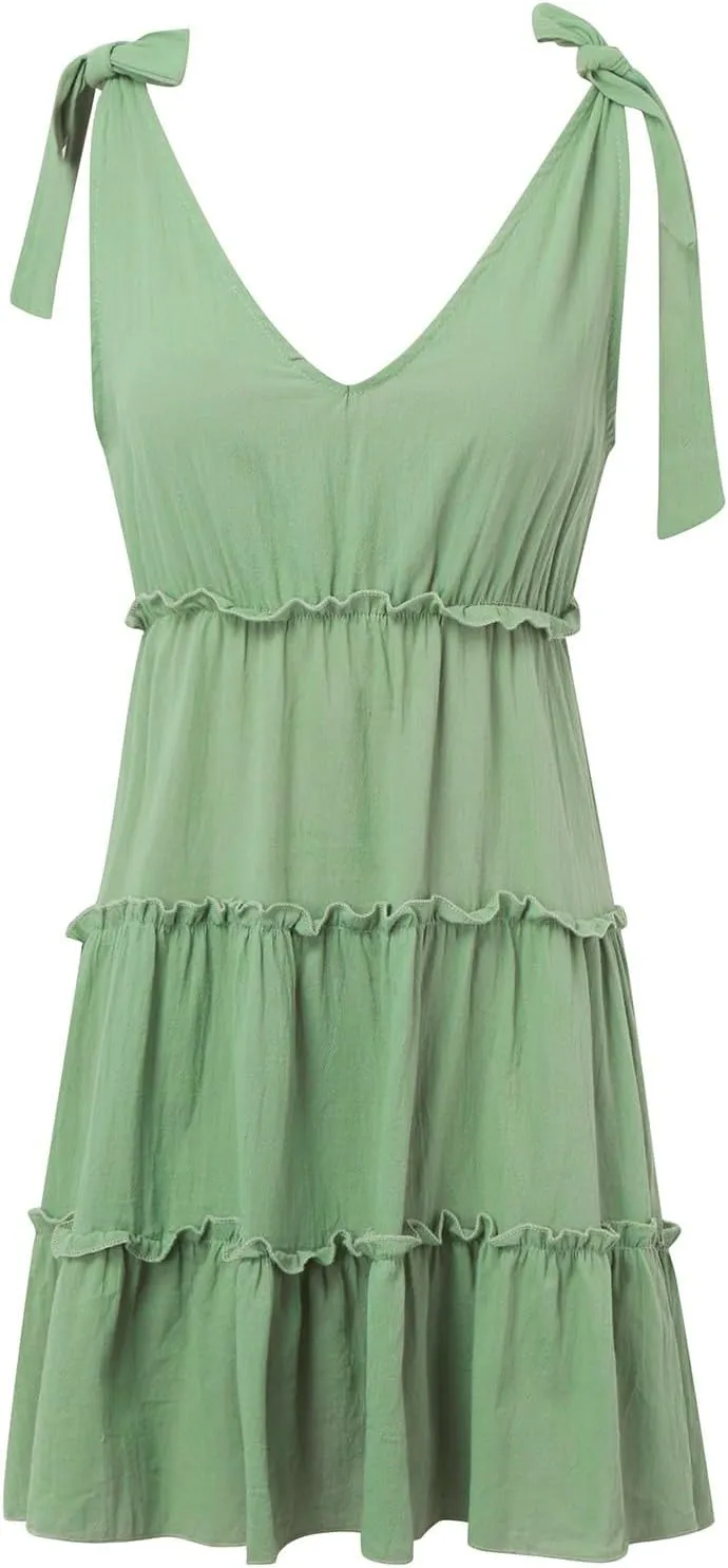 Womens Summer Mini Dress Casual V Neck Sleeveless Tie Shoulder Tiered Ruffle Swing A Line Short Sundresses