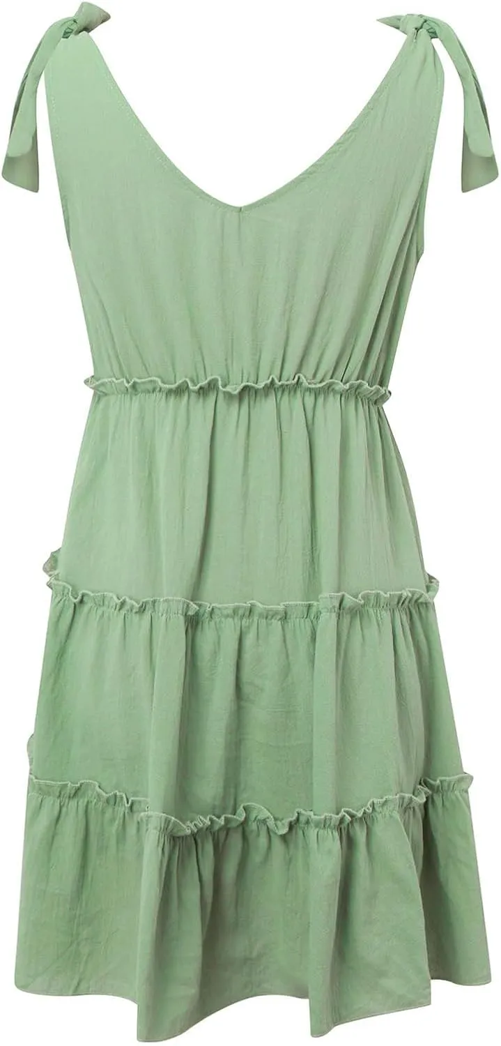 Womens Summer Mini Dress Casual V Neck Sleeveless Tie Shoulder Tiered Ruffle Swing A Line Short Sundresses