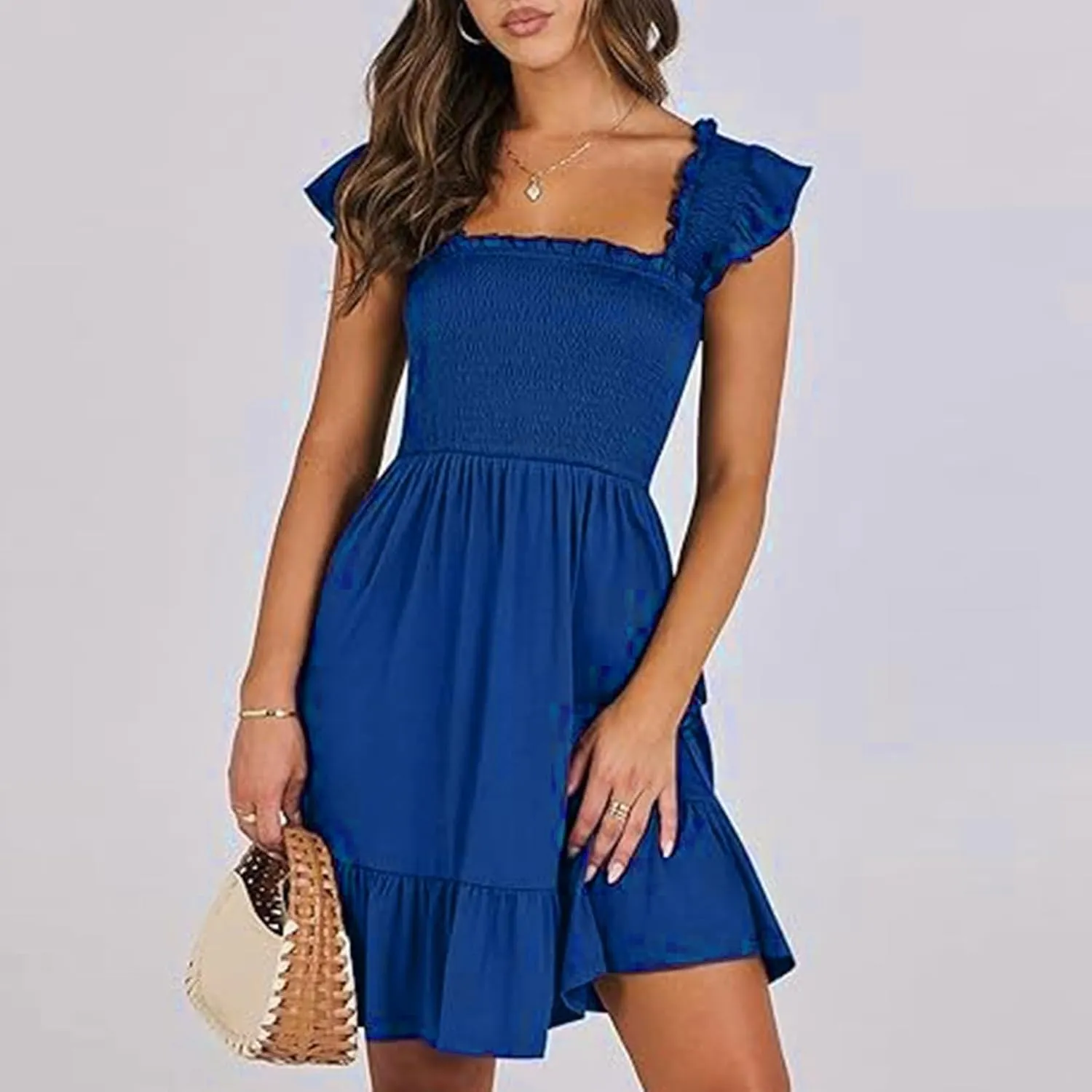 Women's Summer Ruffle Sleeve Sweetheart Neckline Floral Print Mini Dress Casual A-Line Flowy Sundress for Beachwear
