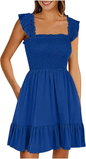 Women's Summer Ruffle Sleeve Sweetheart Neckline Floral Print Mini Dress Casual A-Line Flowy Sundress for Beachwear
