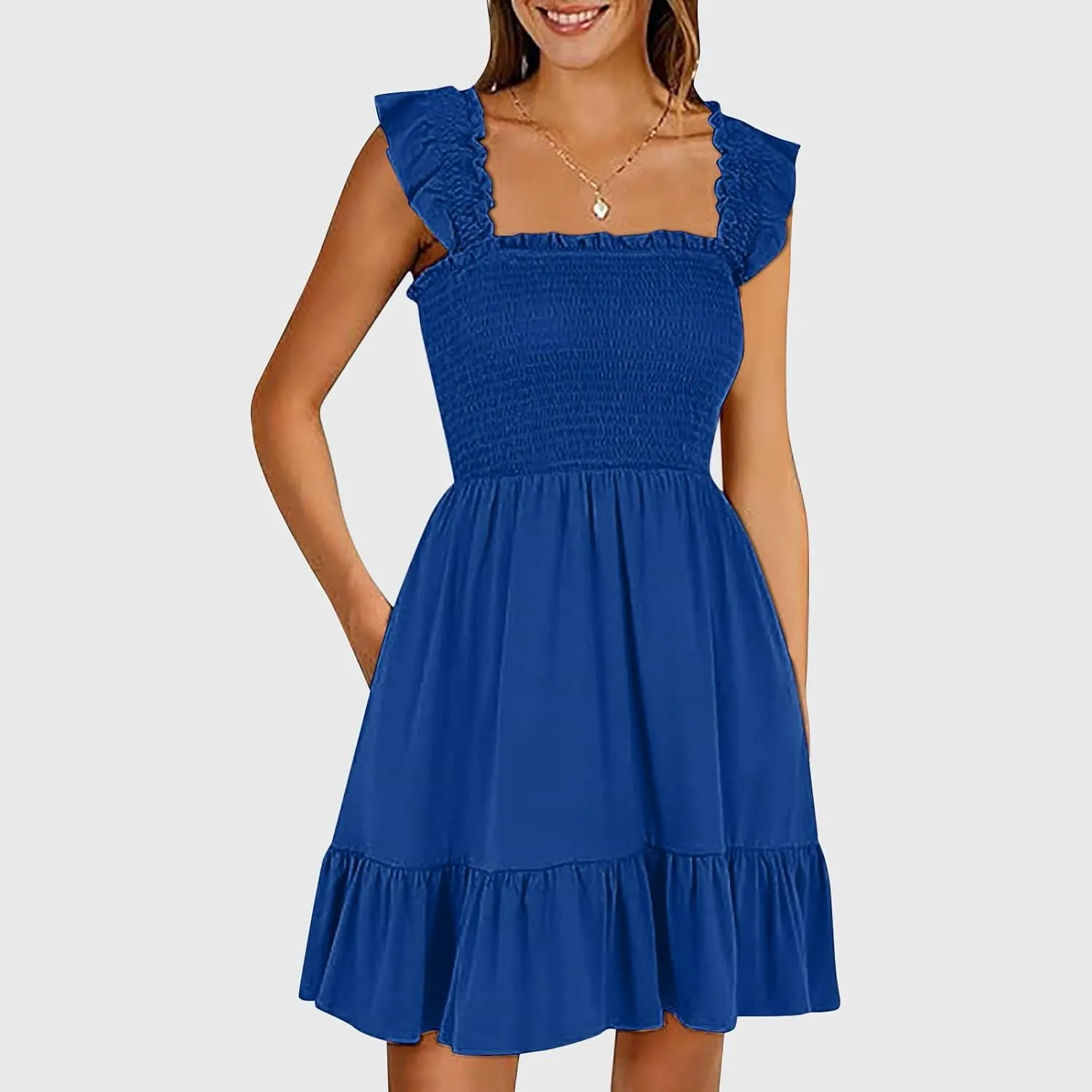 Women's Summer Ruffle Sleeve Sweetheart Neckline Floral Print Mini Dress Casual A-Line Flowy Sundress for Beachwear