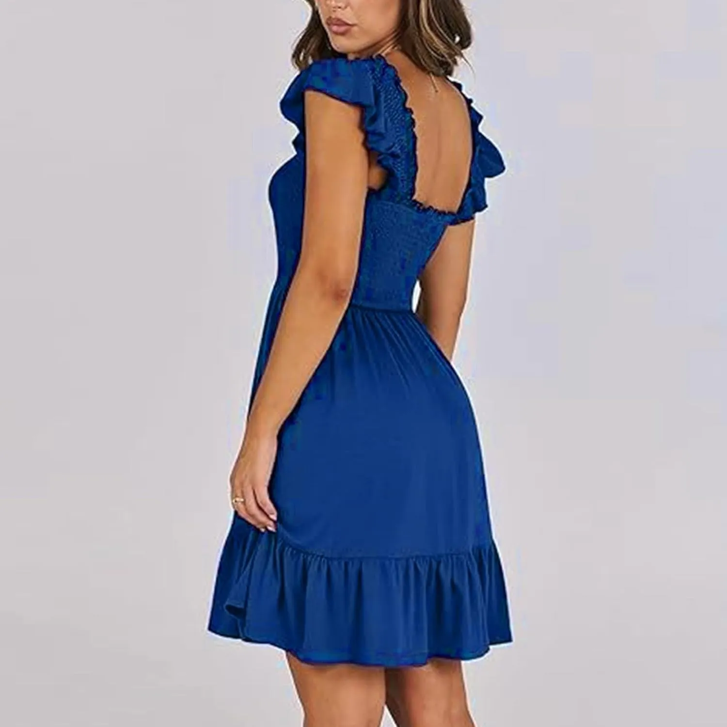 Women's Summer Ruffle Sleeve Sweetheart Neckline Floral Print Mini Dress Casual A-Line Flowy Sundress for Beachwear