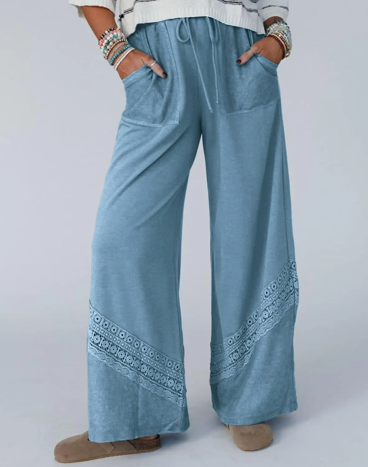 Womens Wide Leg Pants Casual Hollow Out Loose Lounge Pants Summer Palazzo Pant Trousers with Pockets 2025