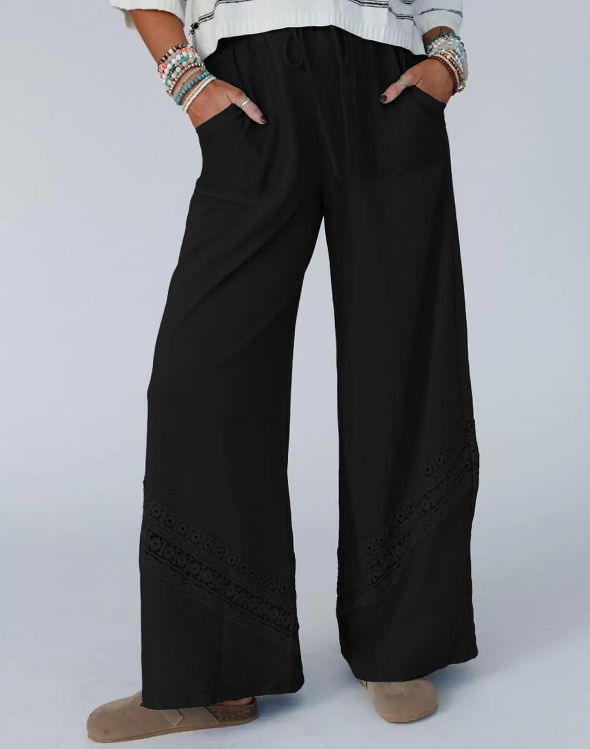 Womens Wide Leg Pants Casual Hollow Out Loose Lounge Pants Summer Palazzo Pant Trousers with Pockets 2025