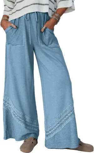 Womens Wide Leg Pants Casual Hollow Out Loose Lounge Pants Summer Palazzo Pant Trousers with Pockets 2025
