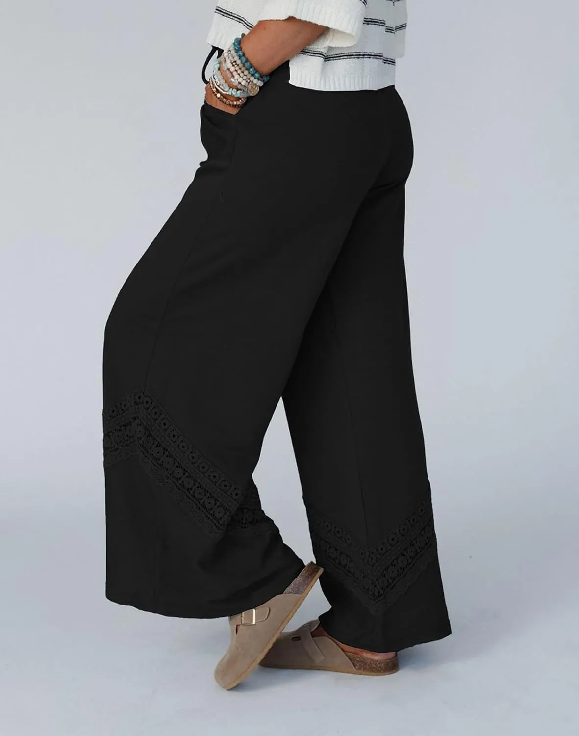 Womens Wide Leg Pants Casual Hollow Out Loose Lounge Pants Summer Palazzo Pant Trousers with Pockets 2025
